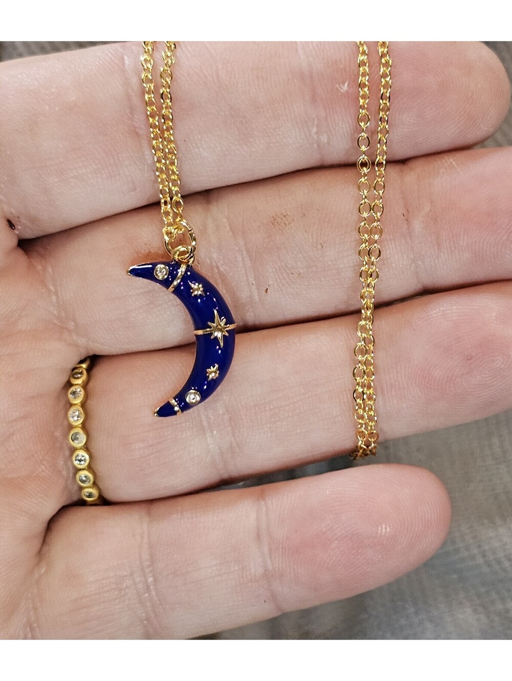 Blue Enamel Moon Pendant CZ 14k Gold-plated Necklace - Picture 4 of 4